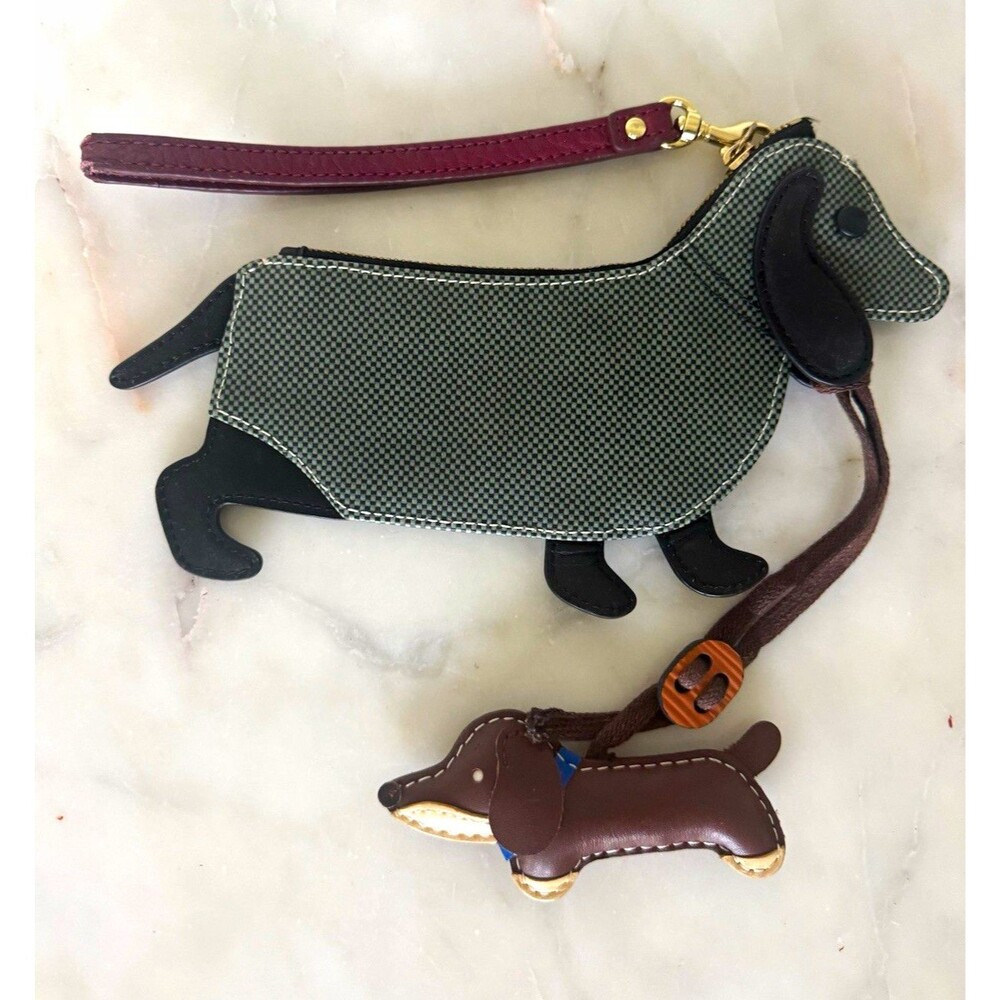 India Hicks Dachshund Dog Key Chain Leather Black Brown Gold Tone Zipper Accent